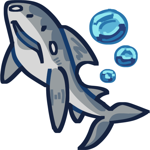 A blue shark with three bubbles.